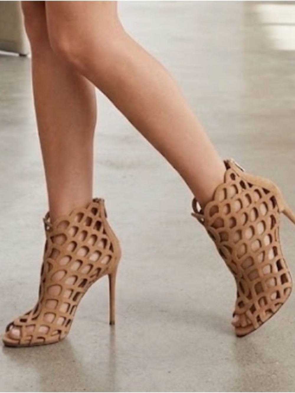 Tan Cutout Peep-Toe Stiletto Booties